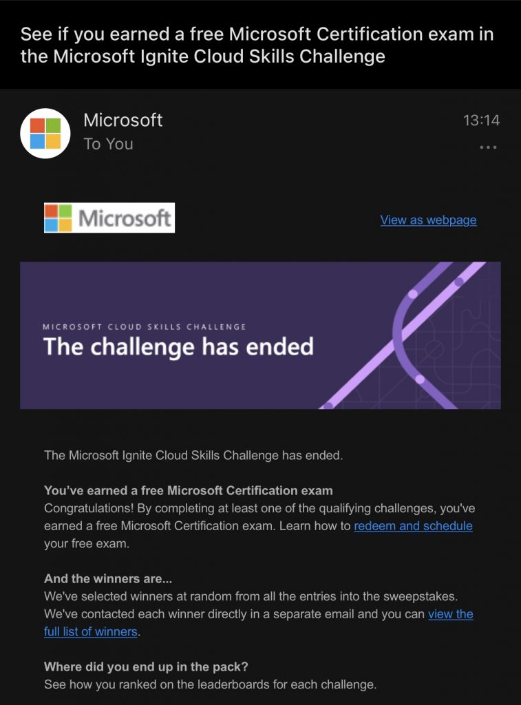 Microsoft Ignite Cloud Skills Challenge Email